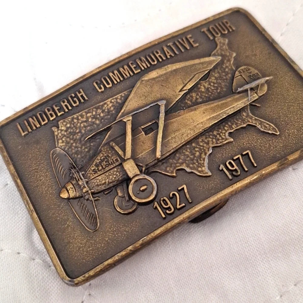 Vintage 1977 Charles Lindbergh Commemorative Tour Brass Belt Buckle